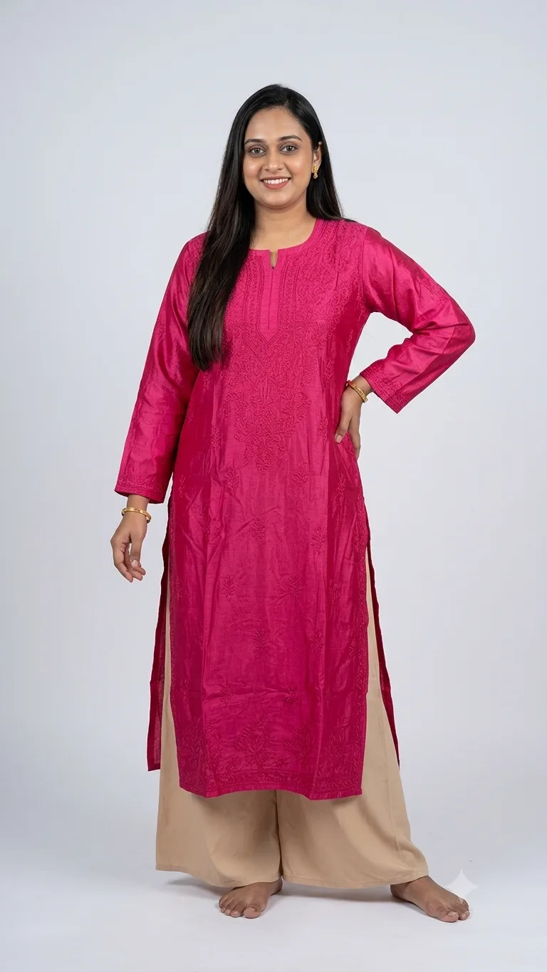 Chanderi Bhakiya Print Chikankari Kurti – Pink