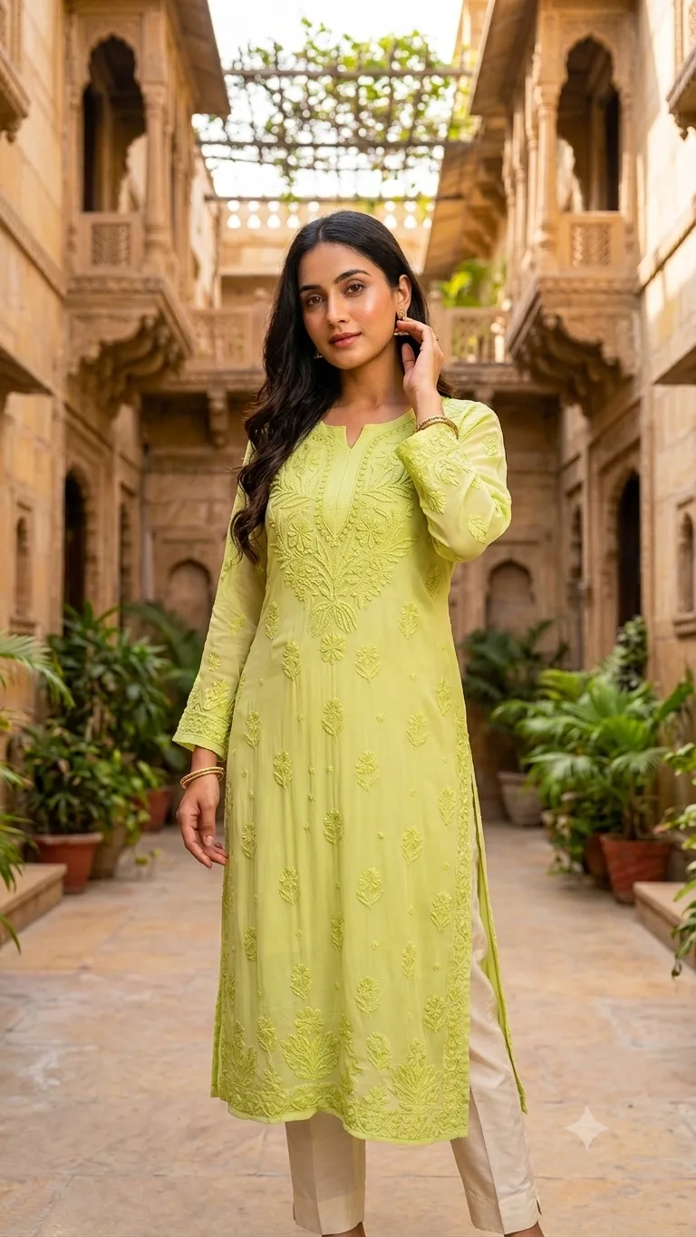 Xxl to 3xl fit Lime Green Viscose Georgette Chikankari Kurti with Inner