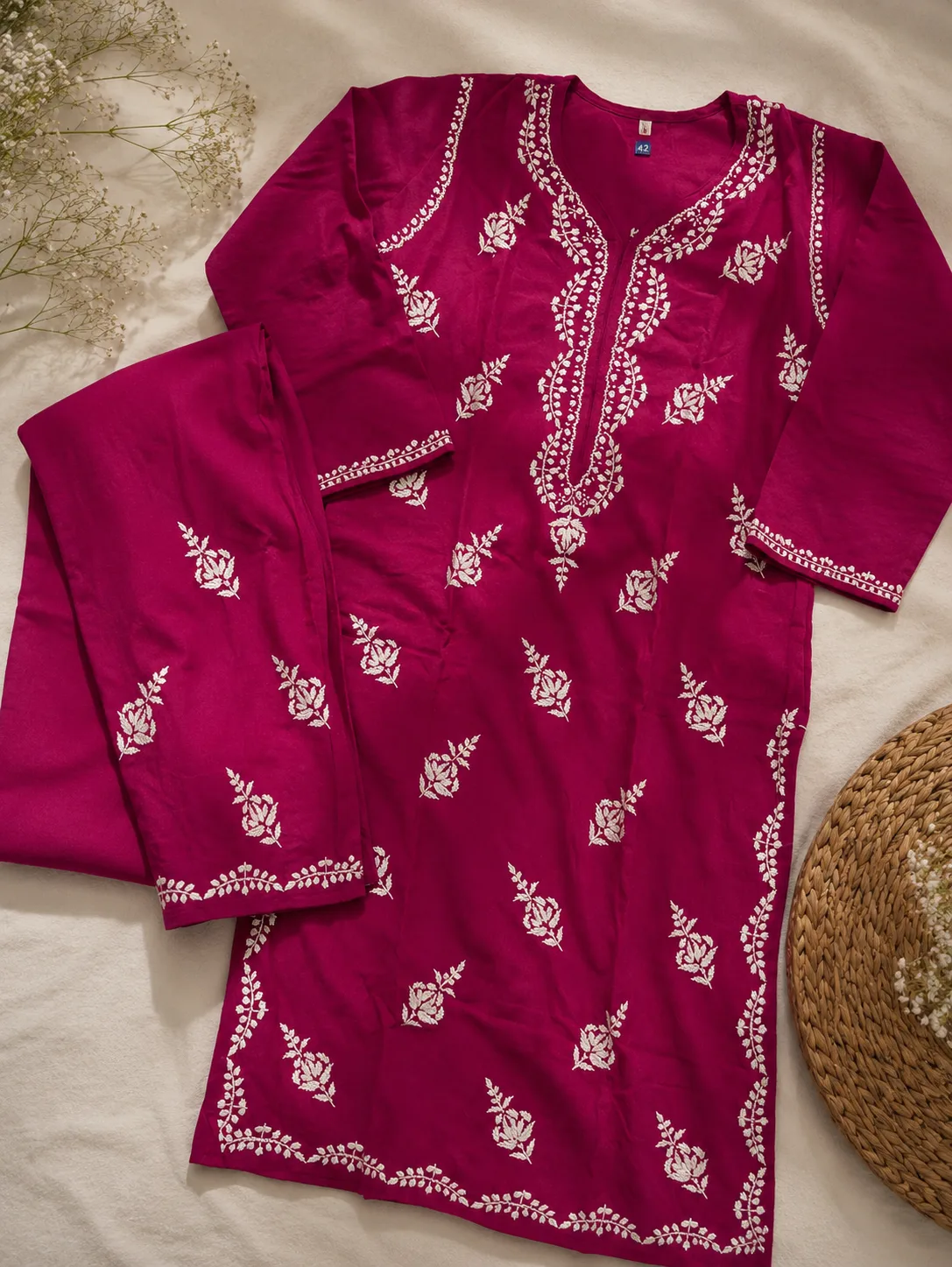 Velveta Hand-Embroidered Chikankari Rayon Co-Ord Set – Dark Pink